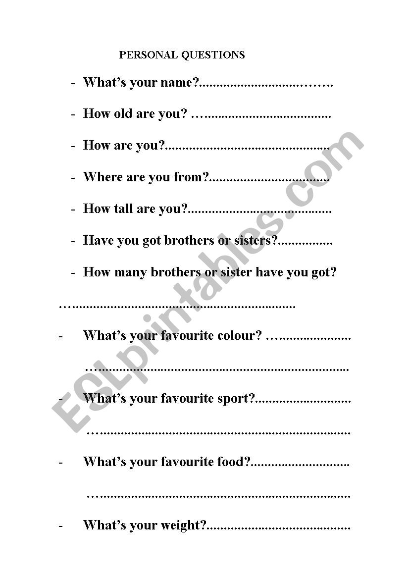 Personal Questions worksheet