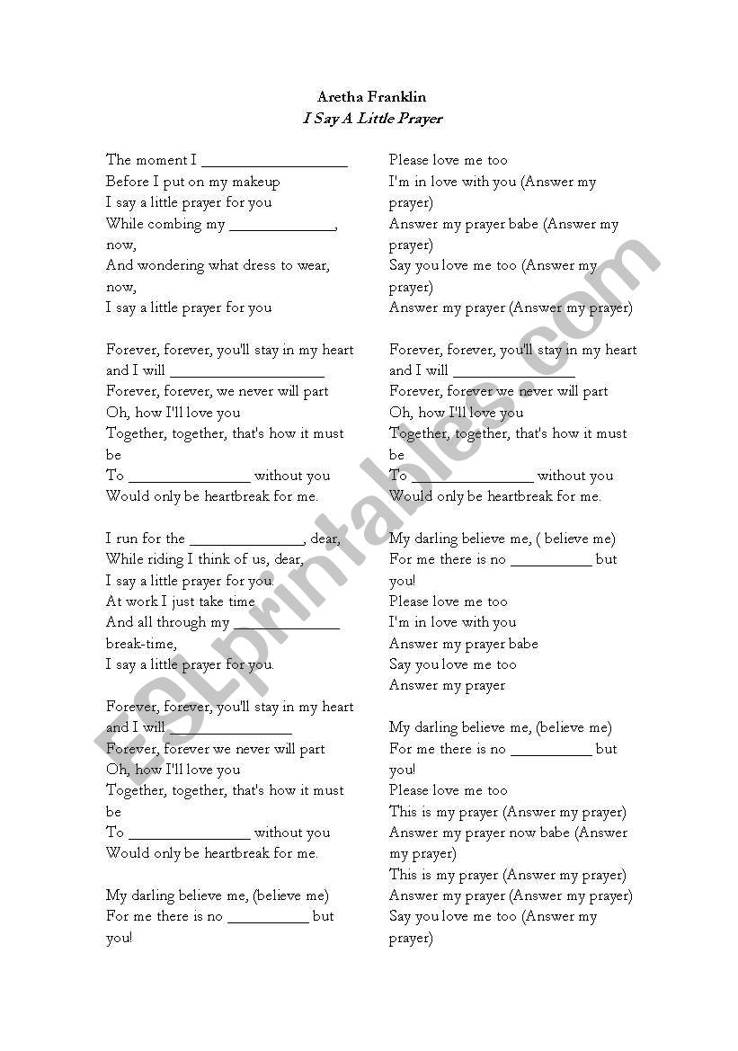 Say a little prayer worksheet