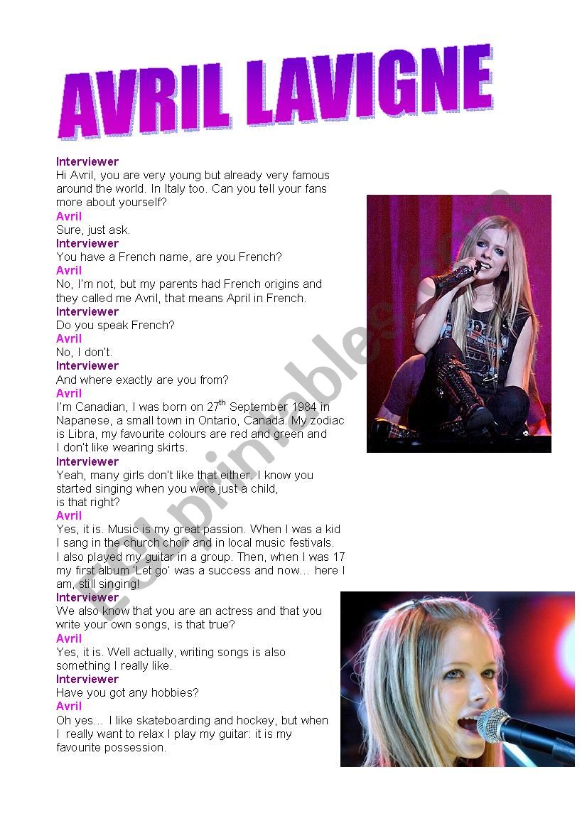 Interview to Avril Lavigne worksheet