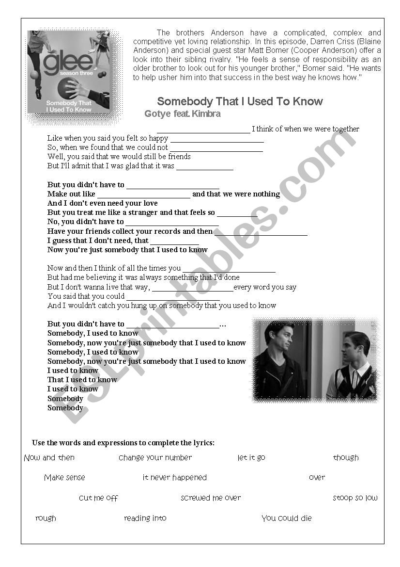 Somebody that I used to know worksheet