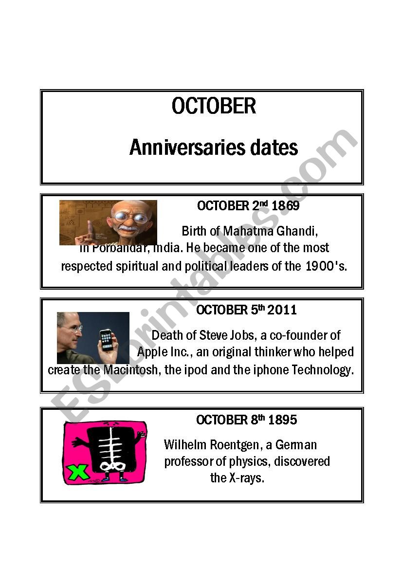 October Anniversaries dates worksheet