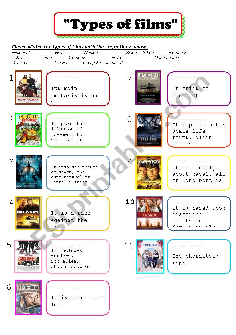 types of films worksheet