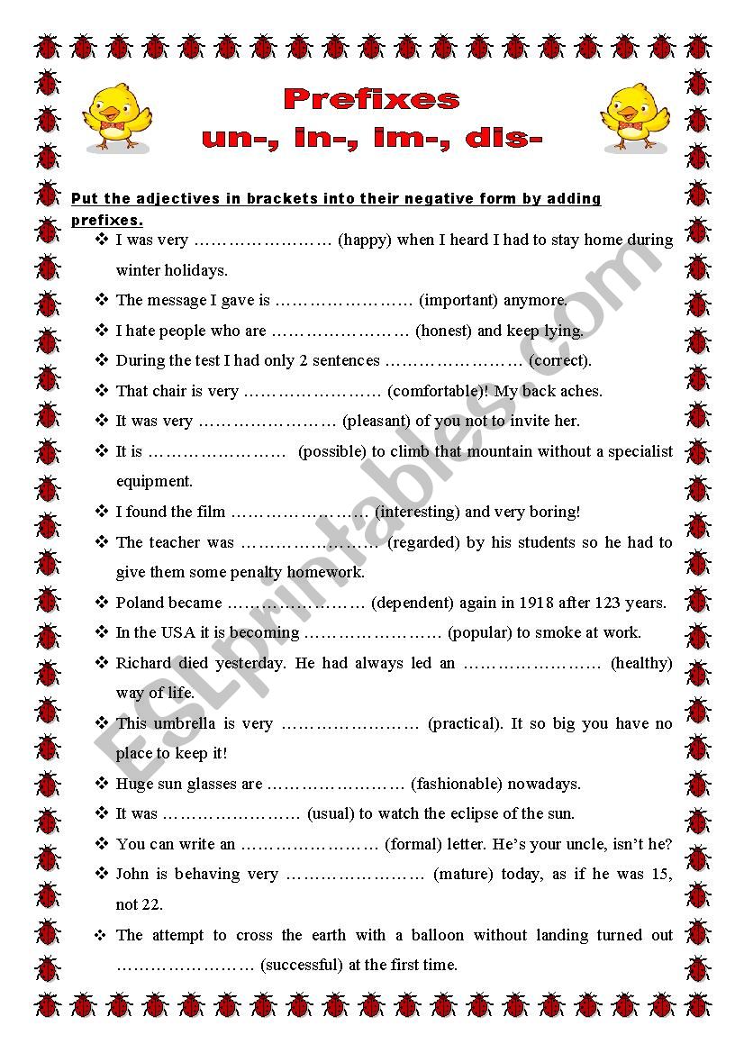 Prefixes un-, in-, im-, dis- worksheet