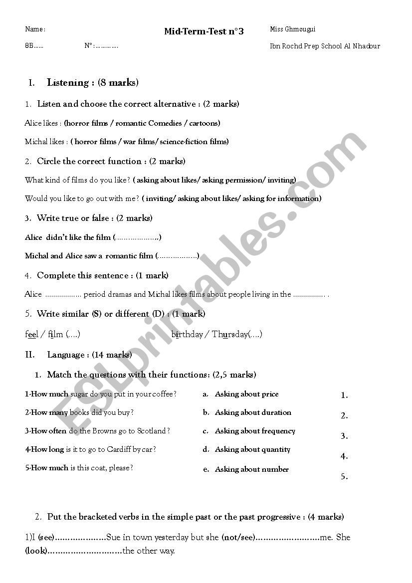 8th form test worksheet