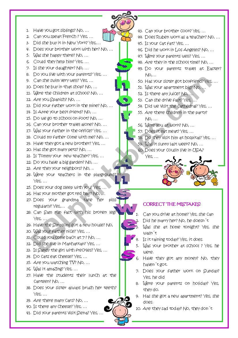 Short Answers worksheet