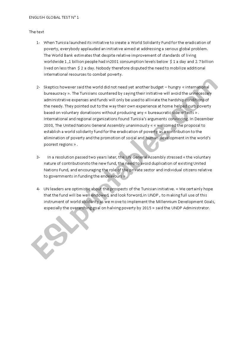 ENGLISH GLOBAL TEST NÂ°1 worksheet