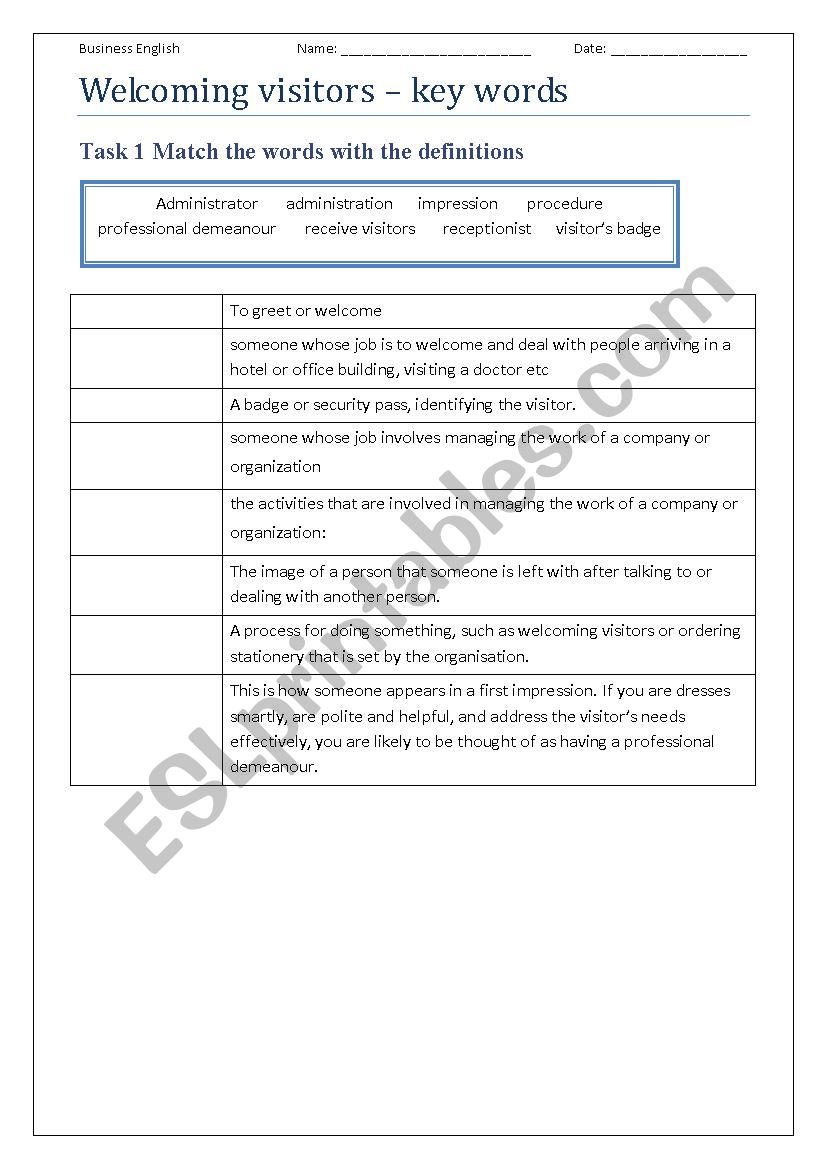 Welcoming visitors Key Words worksheet