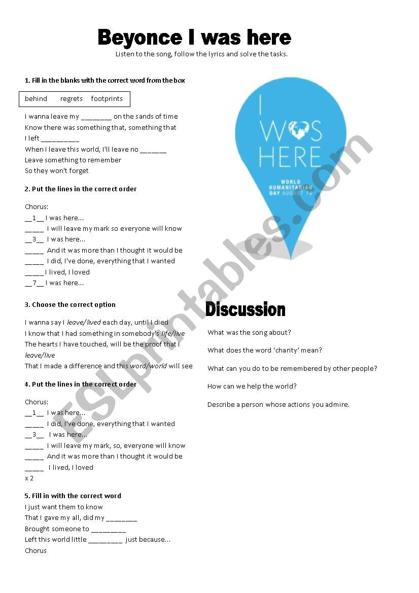 I was here Beyonce  worksheet