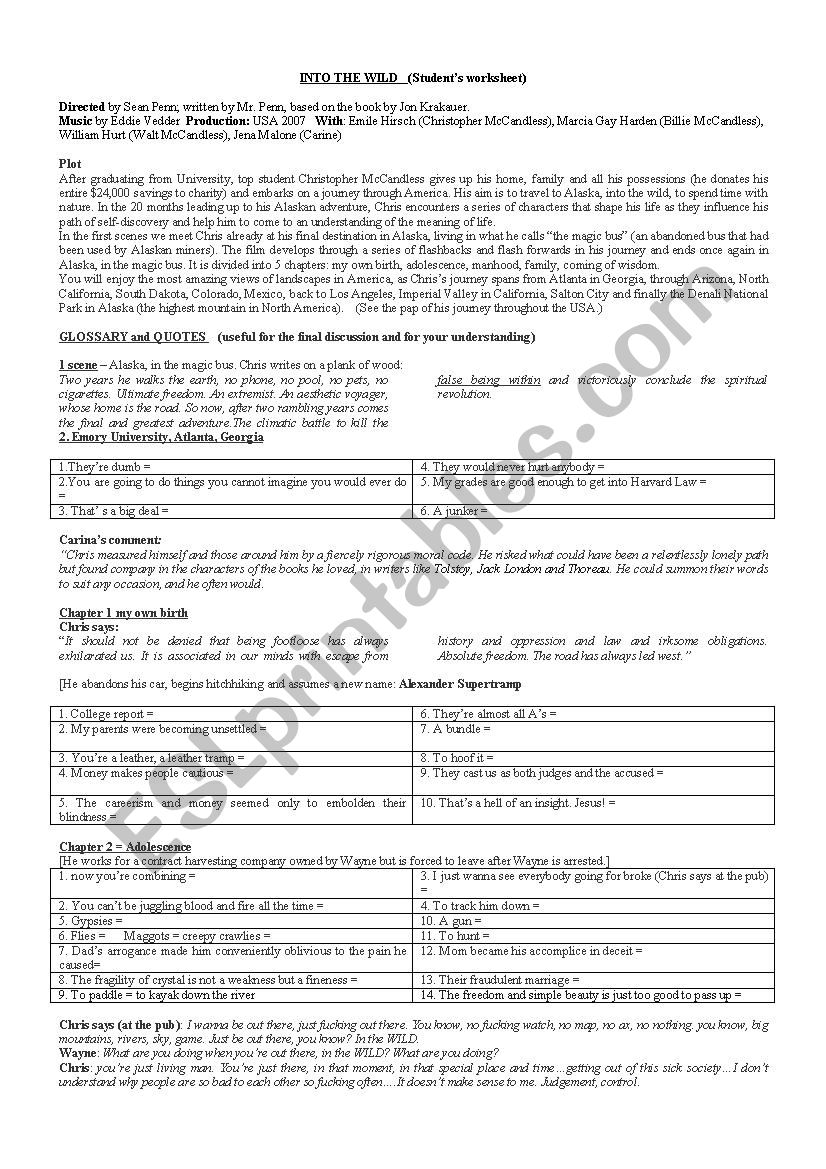 Into the Wild - Film worksheet