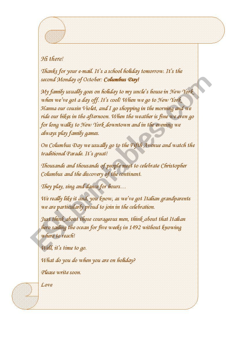 COLUMBUS DAY Letter Writing Model