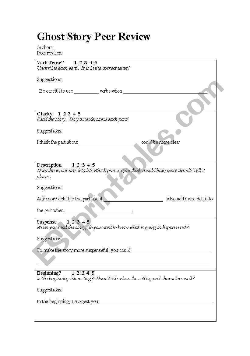Ghost Story Peer Review sheet worksheet