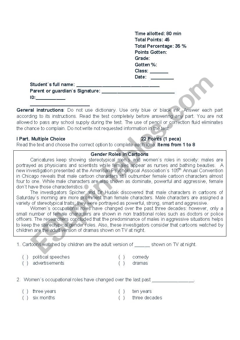 Reading comprehension test worksheet