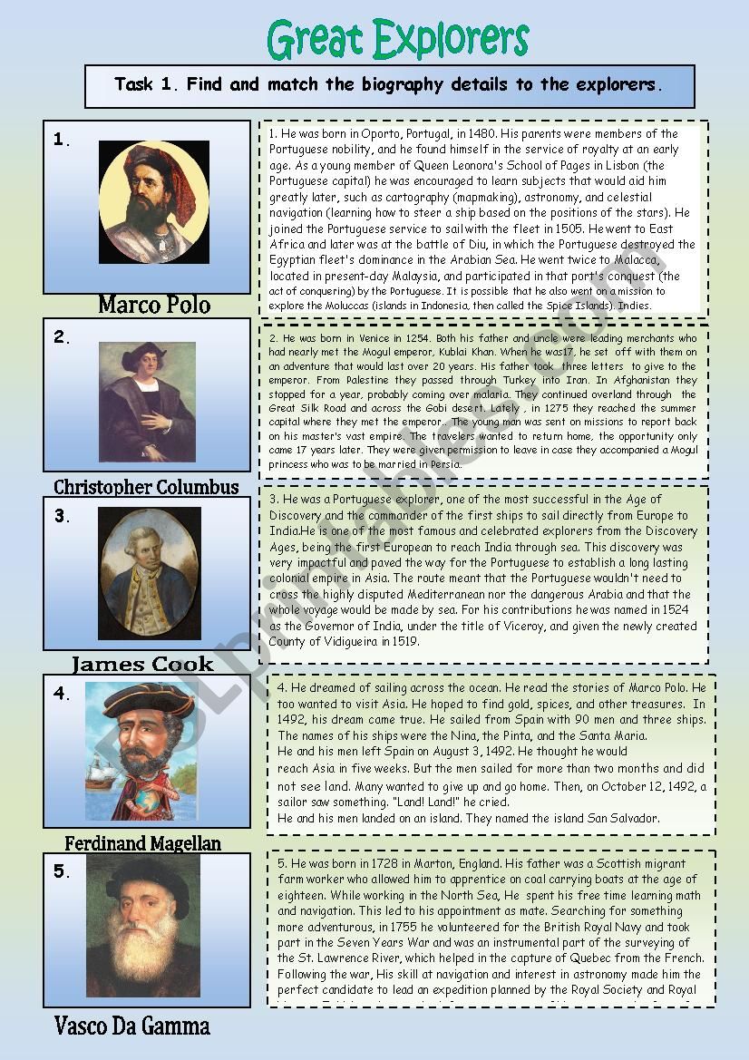 Great explorers and their short biographies for matching.