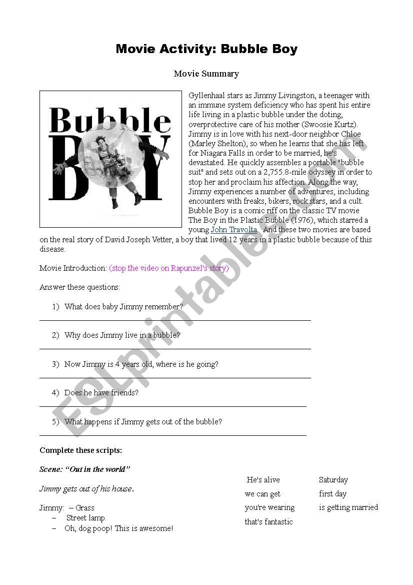 Bubble Boy Movie Exercise worksheet