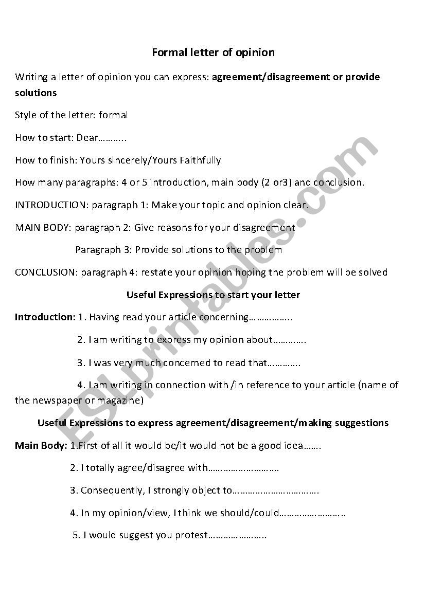 Formal letter of opinion worksheet