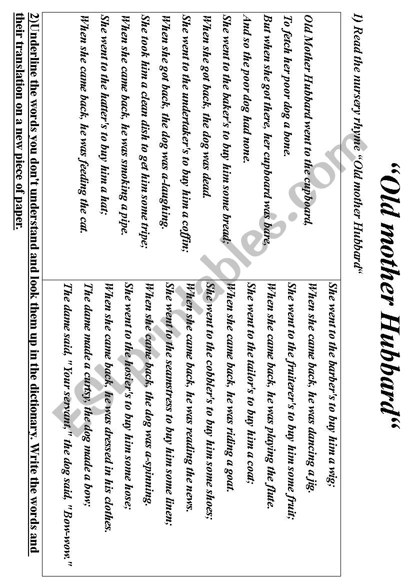 Old mother hubbard worksheet