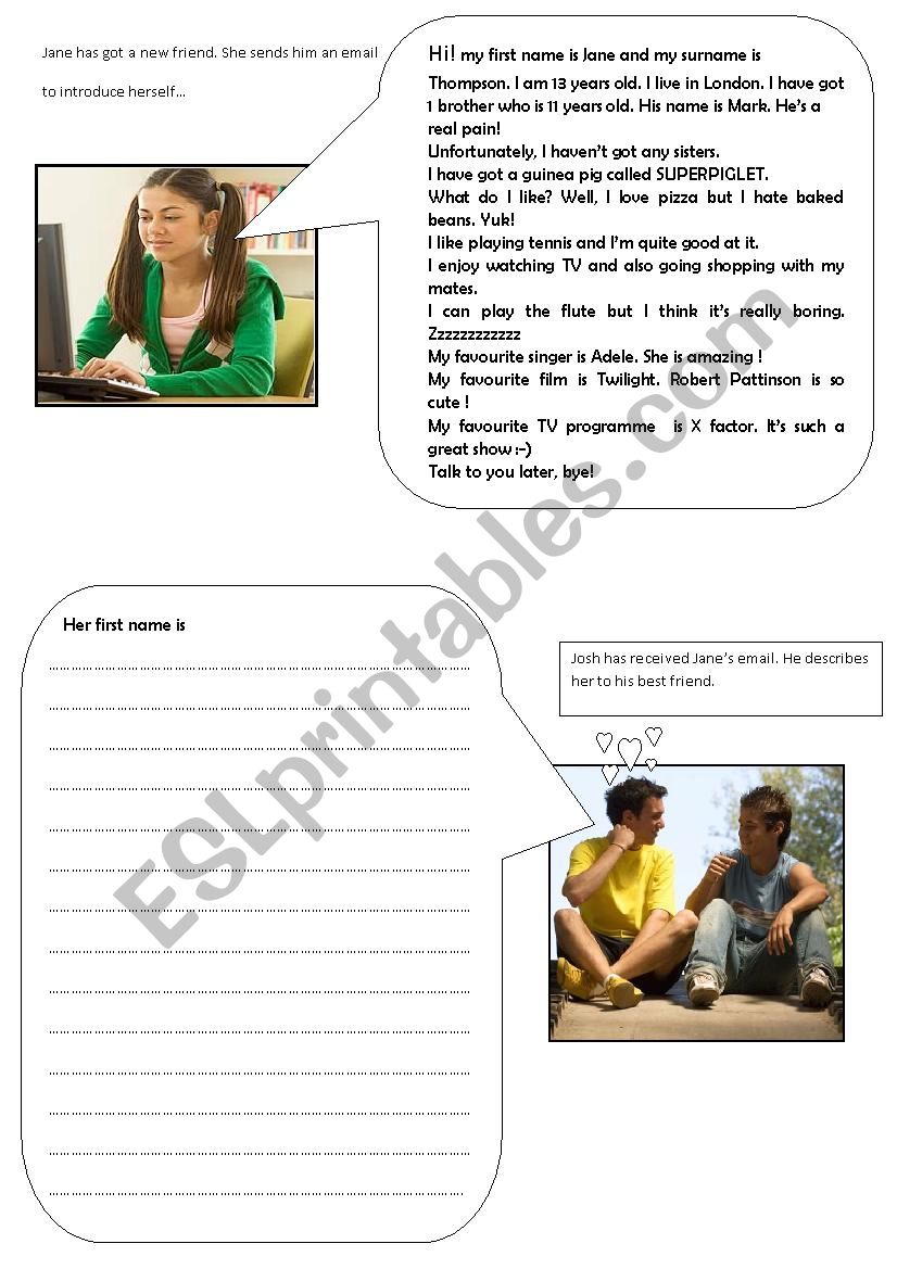 Jane has got a new friend worksheet