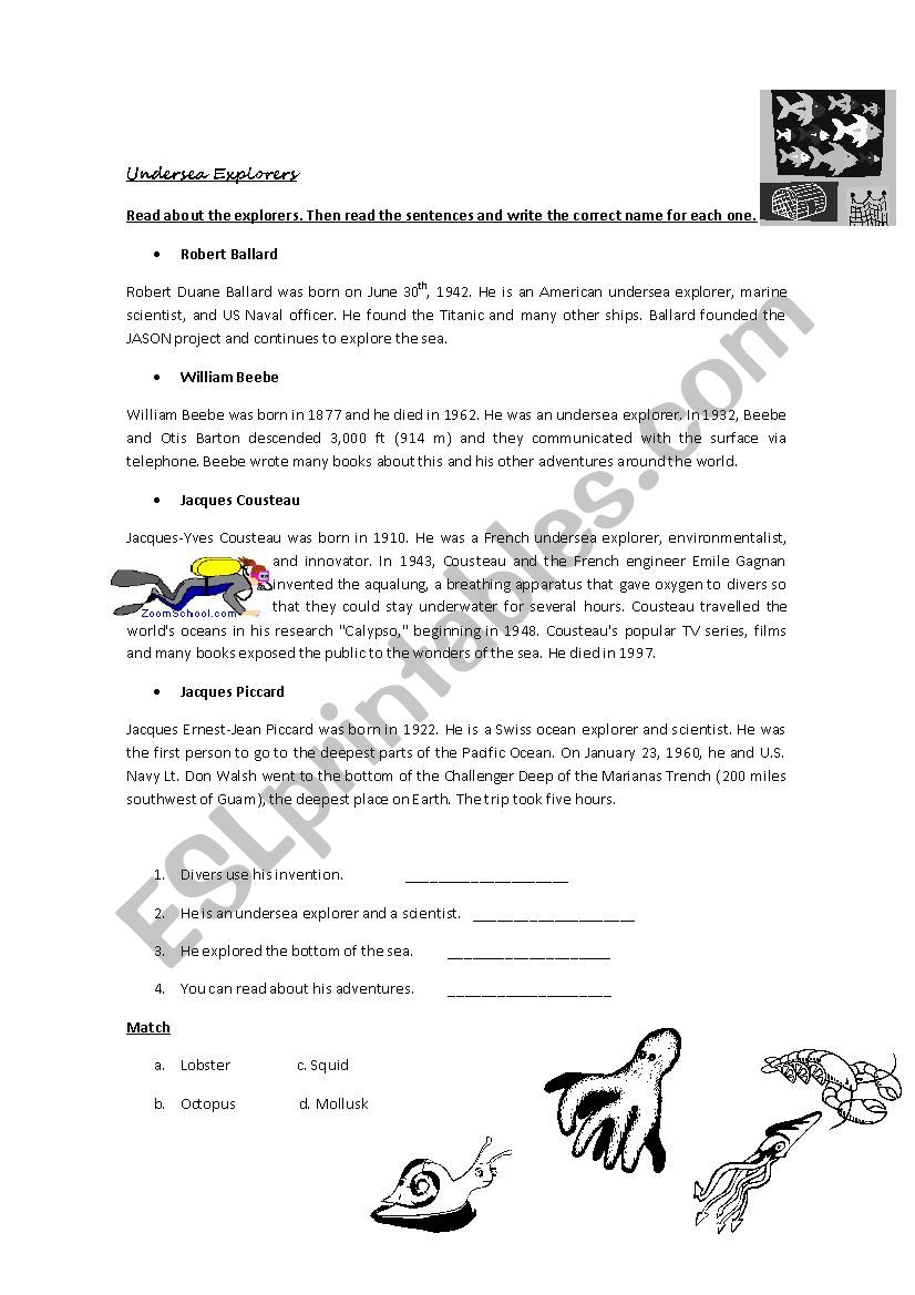 Undersea Explorers worksheet