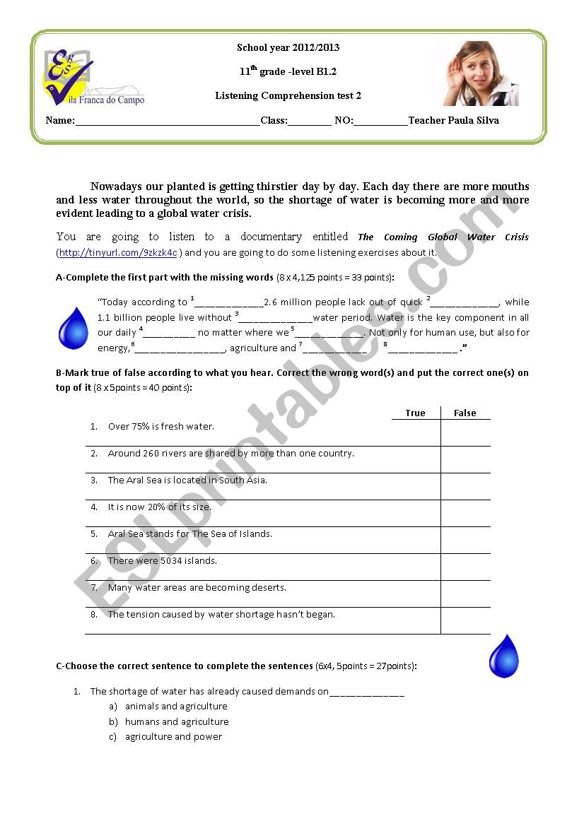 Listening test on water crisis