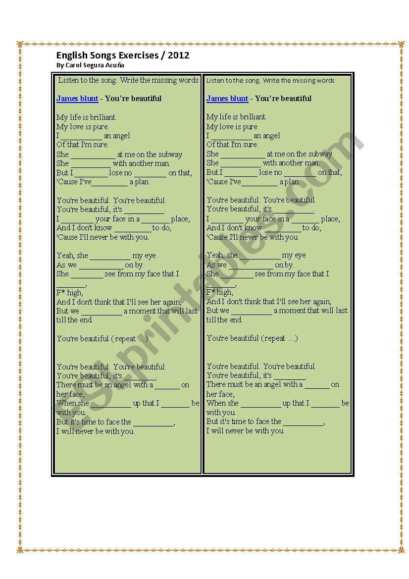 english-songs-exercises-esl-worksheet-by-vanesa23052011