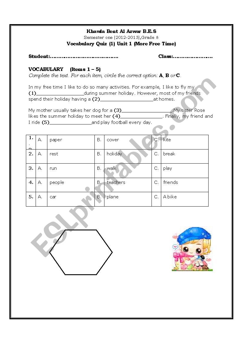 Vocabulary Quiz worksheet