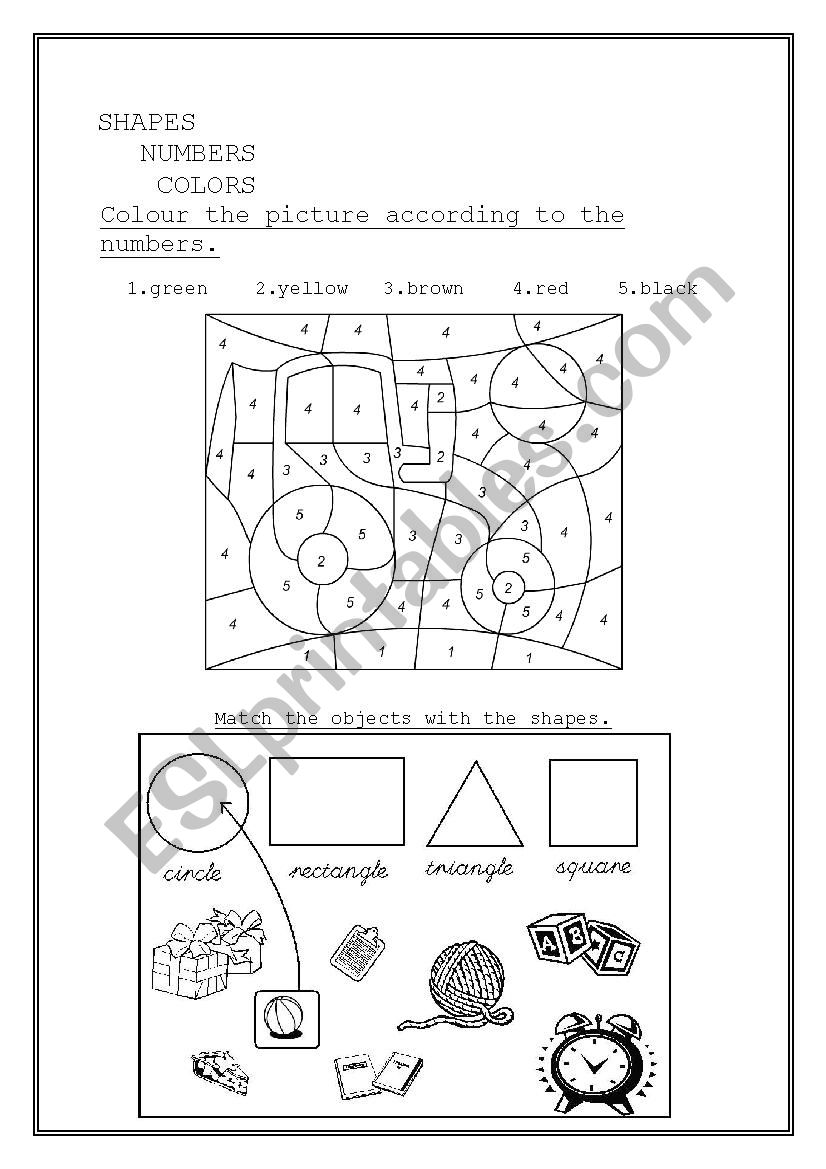 Shapes- Colors - Numbers worksheet