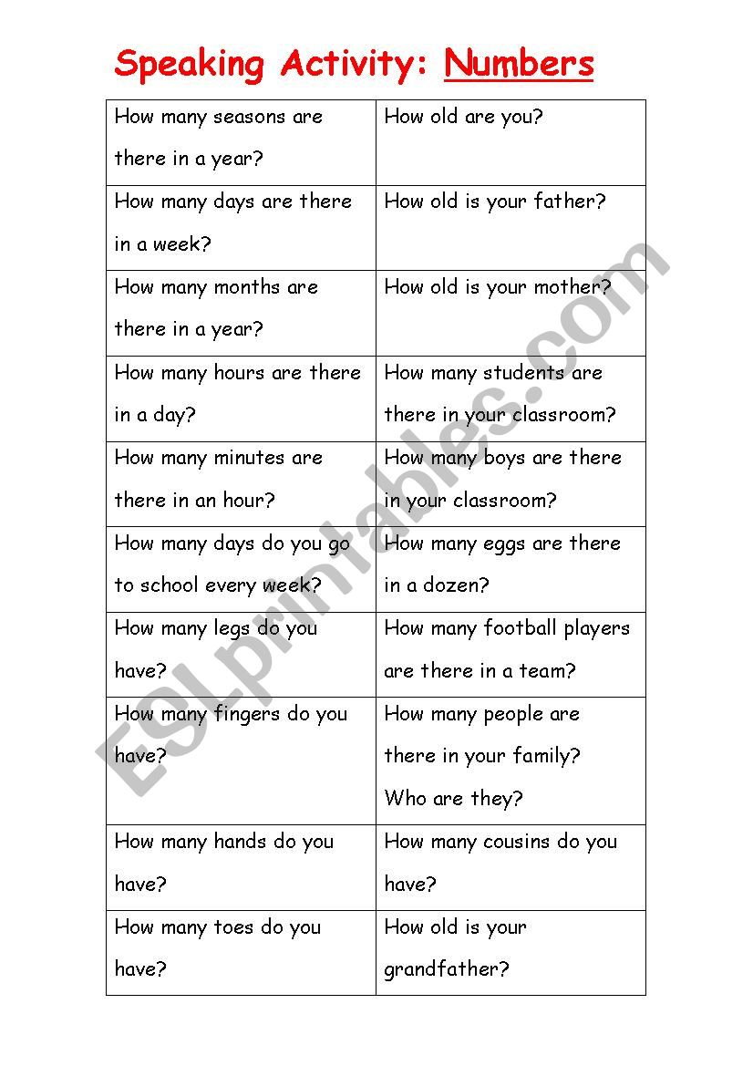 numbers worksheet