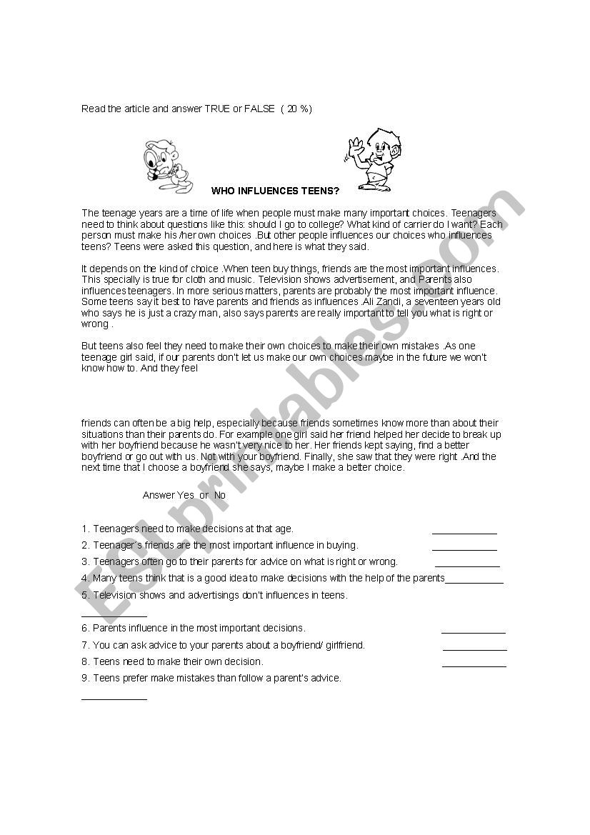 WHO INFLUENCES TEENS worksheet