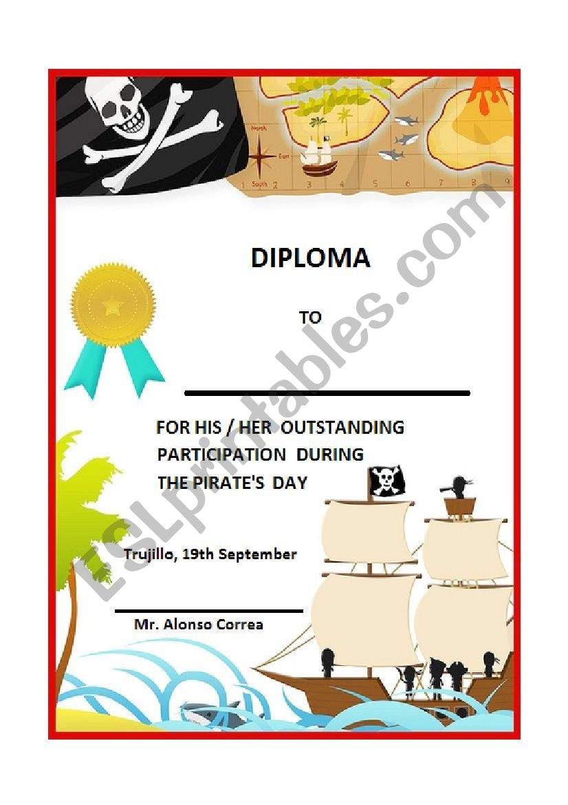 Pirate Pirates day diploma worksheet