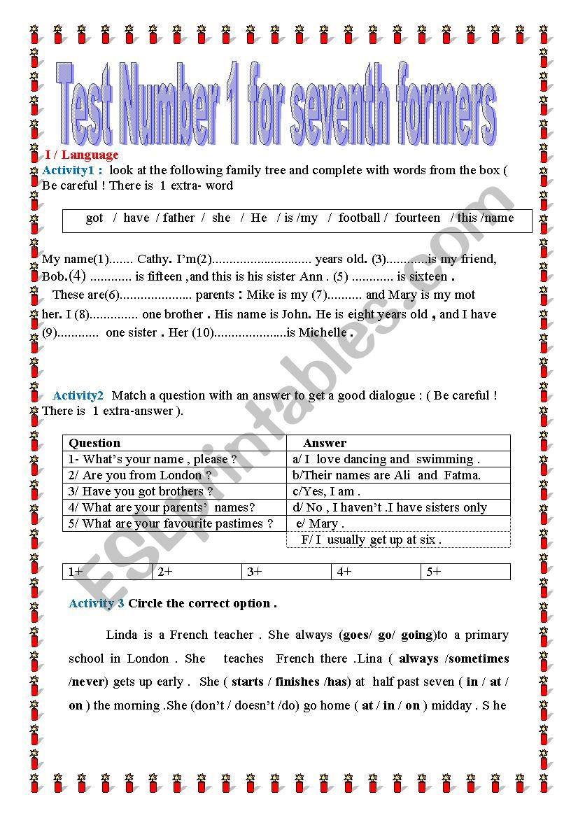 test number1 for 7th formers worksheet