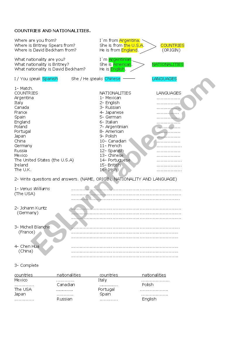 COUNTRIES AND NATIONALITIES worksheet