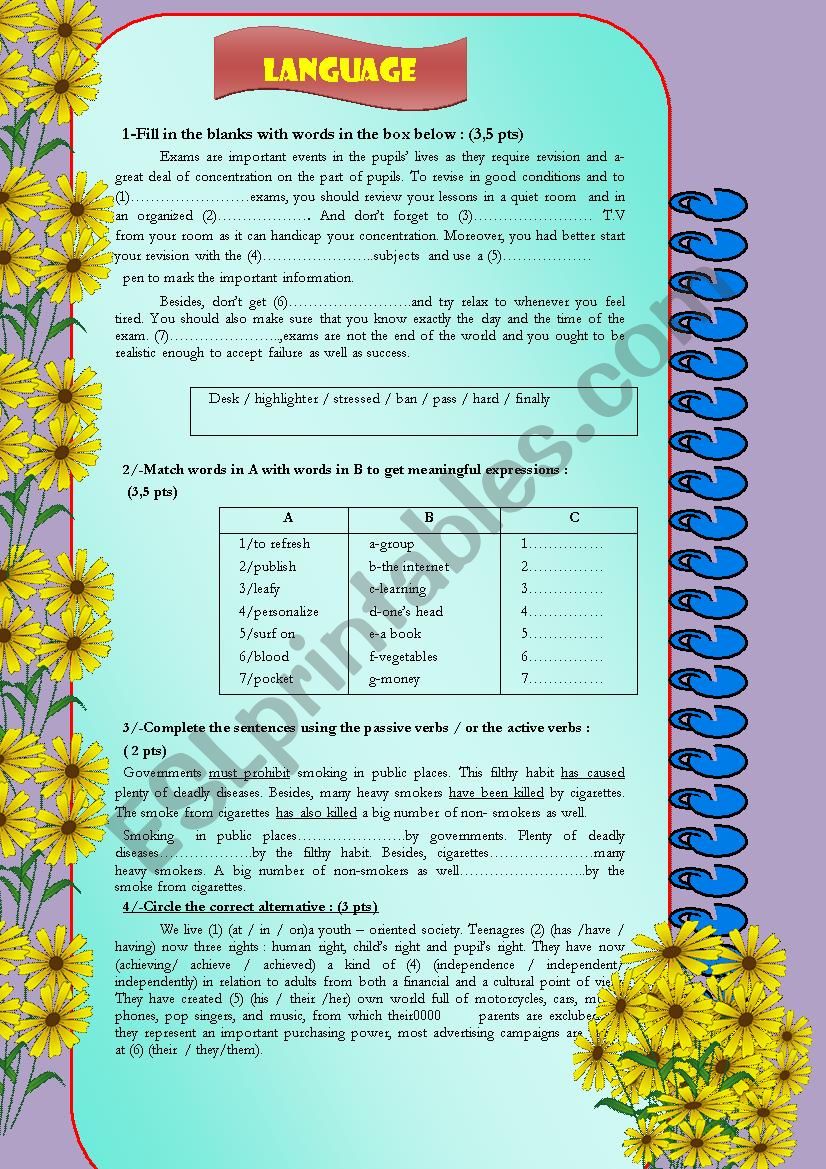 first year language tasks about exams,smoking and teenagers