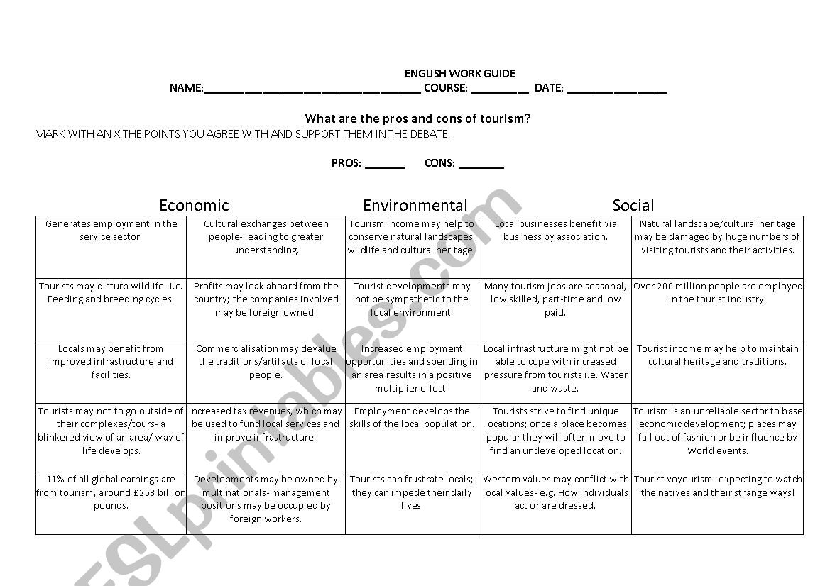 TOURISM PROS AND CONS worksheet