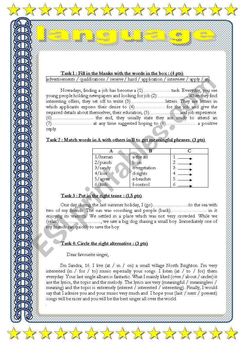 language tasks  worksheet