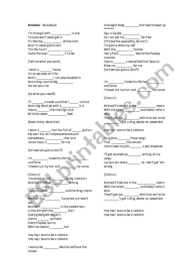 Rockstar - Nickleback worksheet