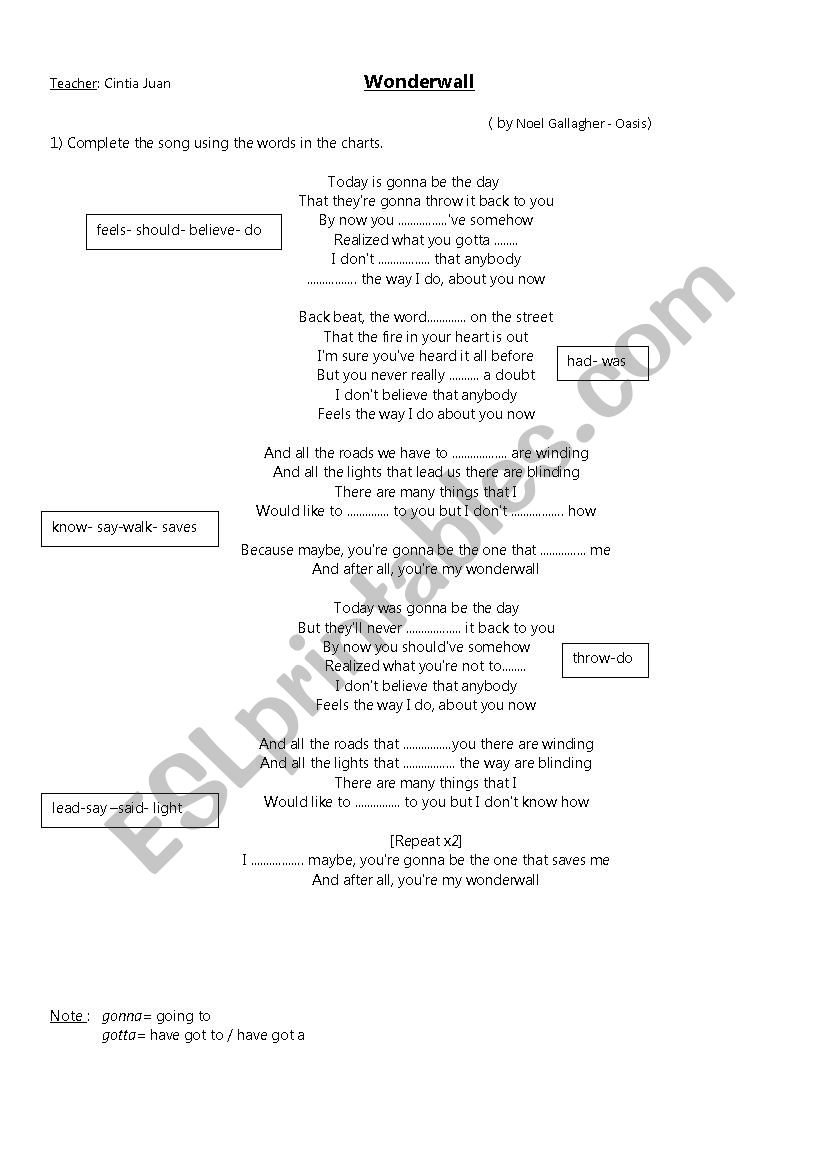 Wonderwall- by Noel (Oasis) worksheet