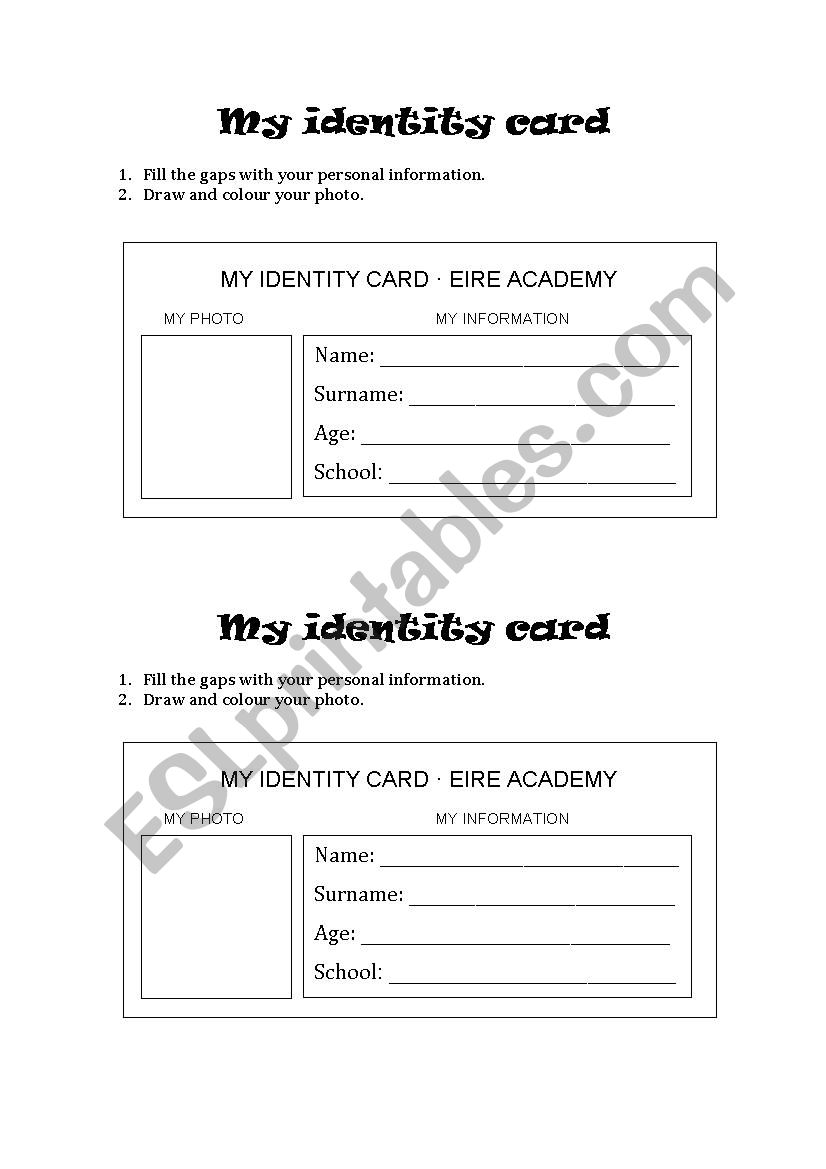 identity card worksheet