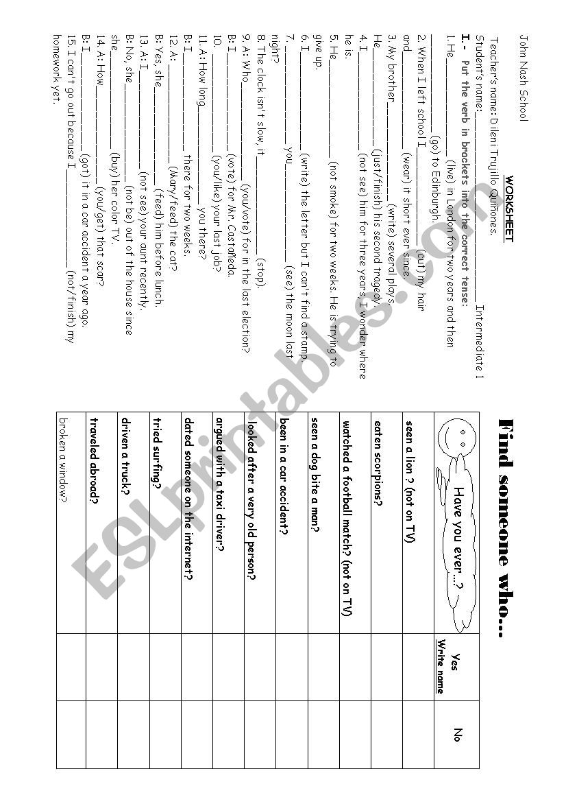 present perfect worksheet