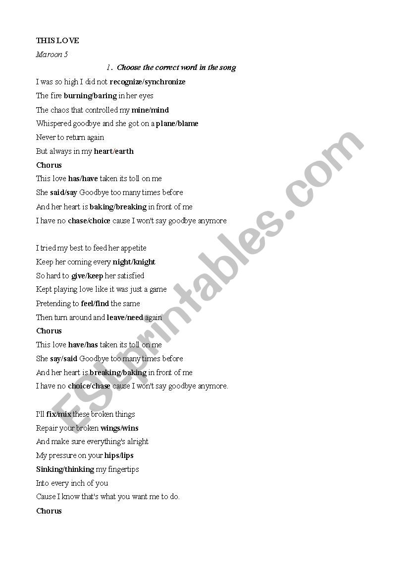 This Love Song (maroon five) worksheet
