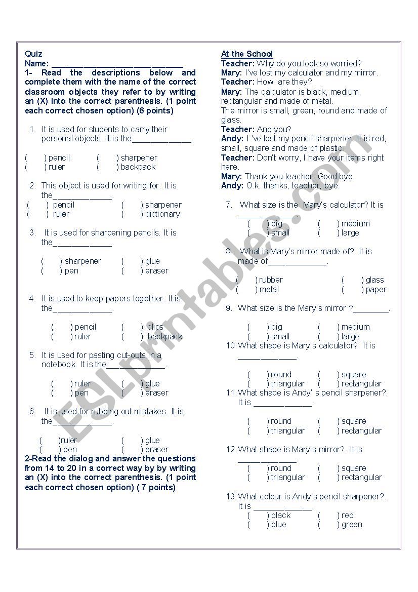 Description of objects worksheet