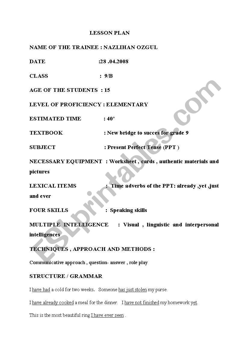 present perfect tense lesson plan