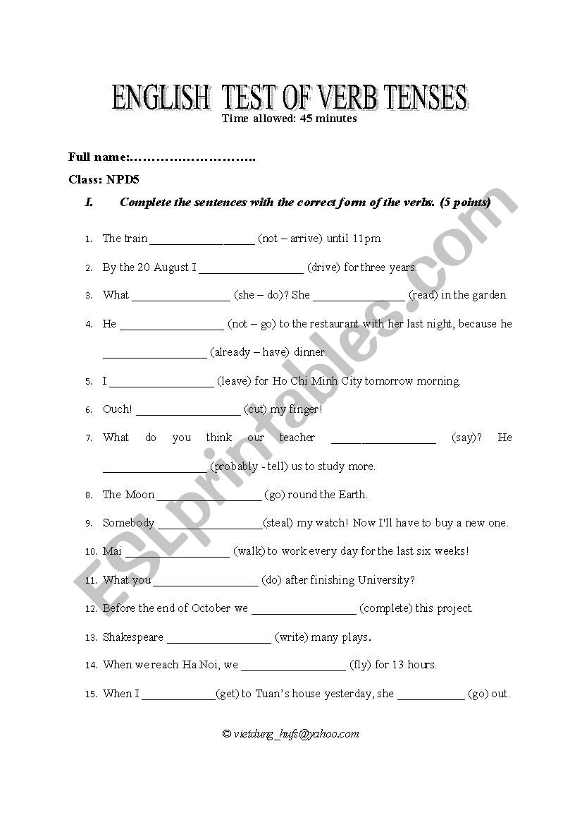 Test of English (verb tenses and reading skill)