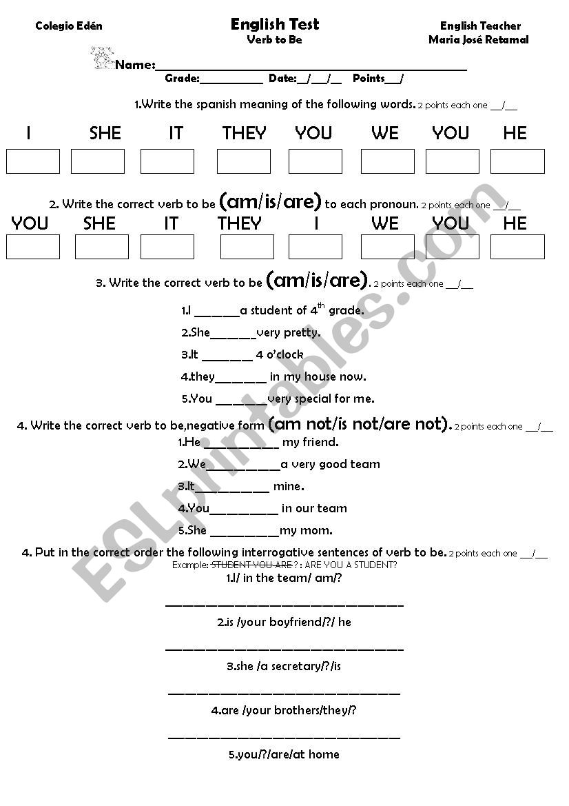 verb to be test worksheet