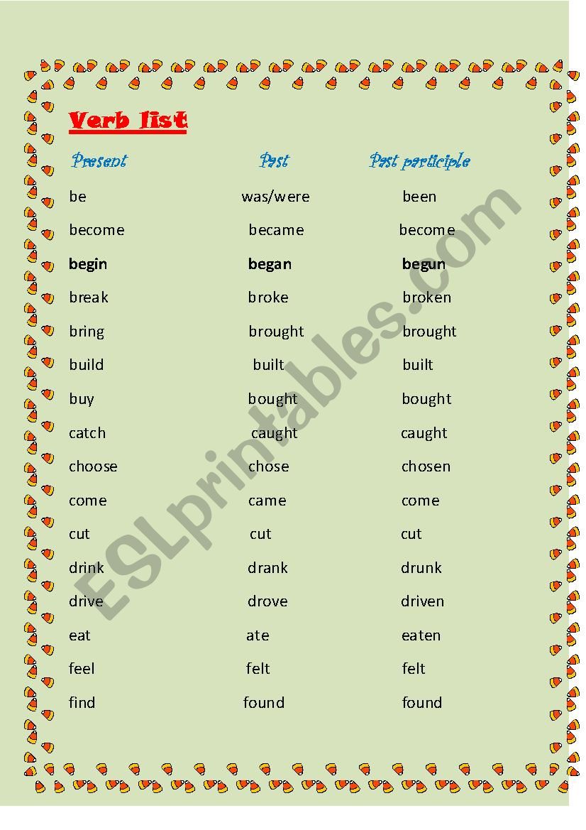 Irregular Vers List worksheet