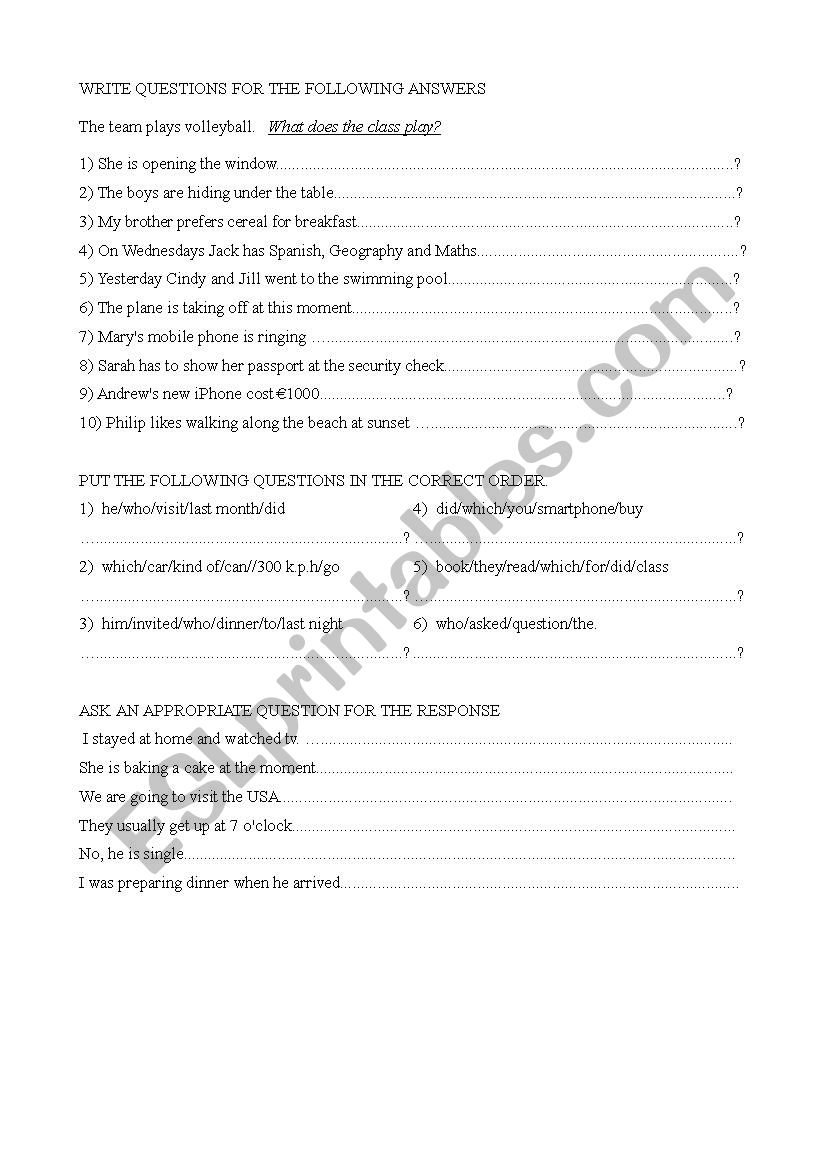 Questions for Answers worksheet