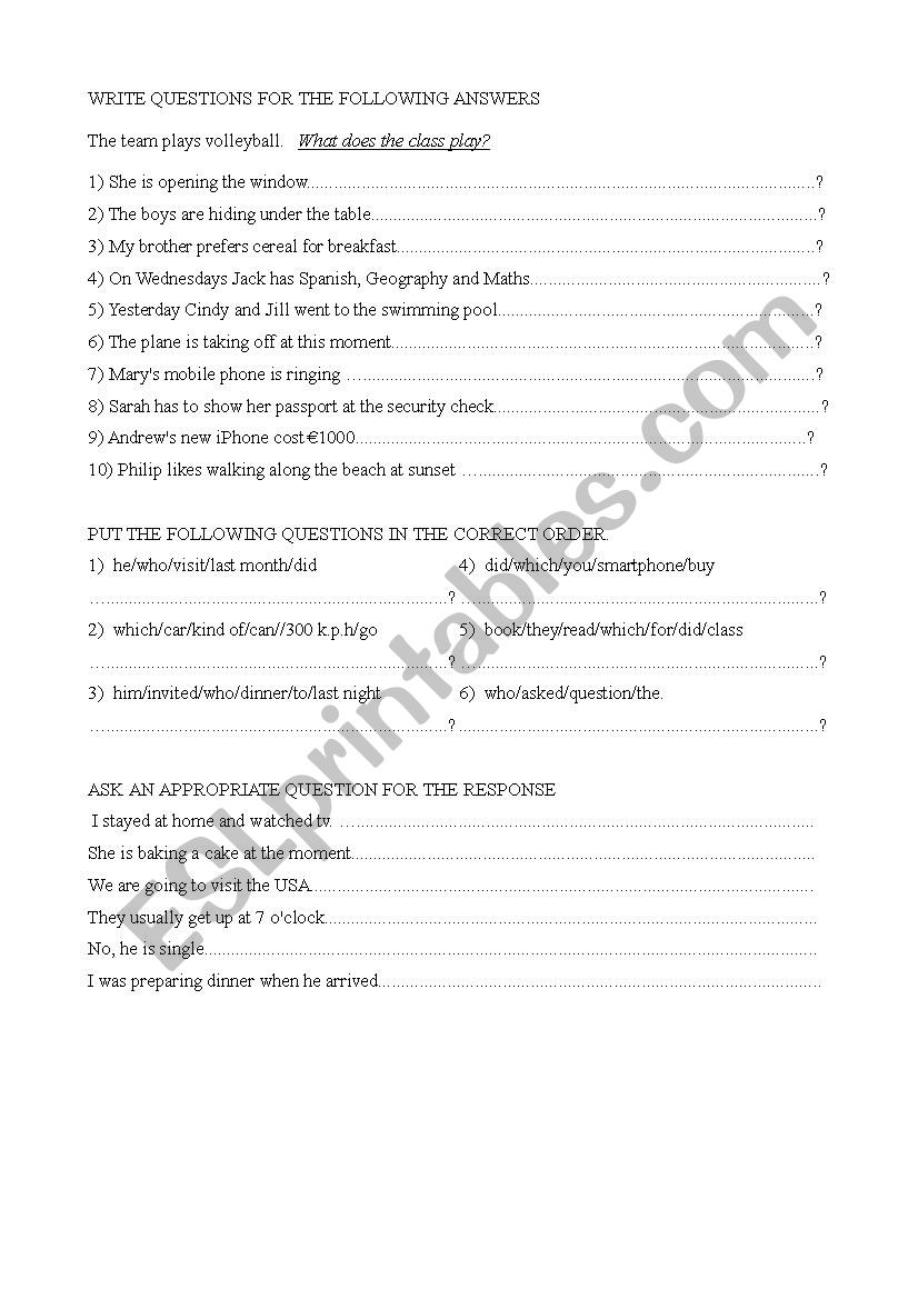 Questions for Answers worksheet