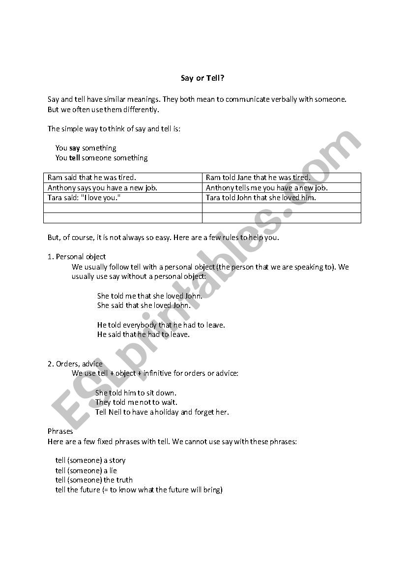 Say VS Tell worksheet