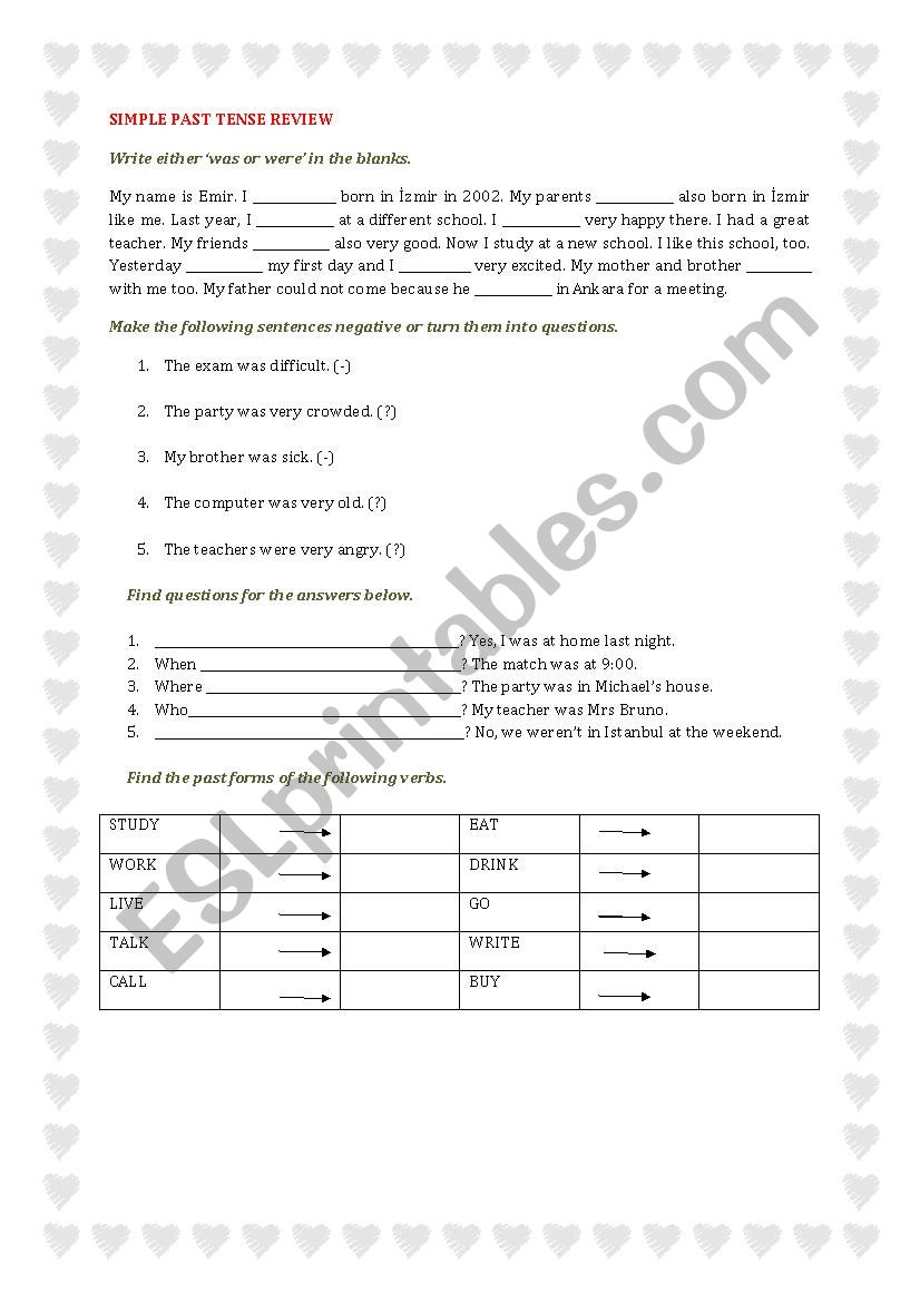 PAST TENSE REVIEW worksheet