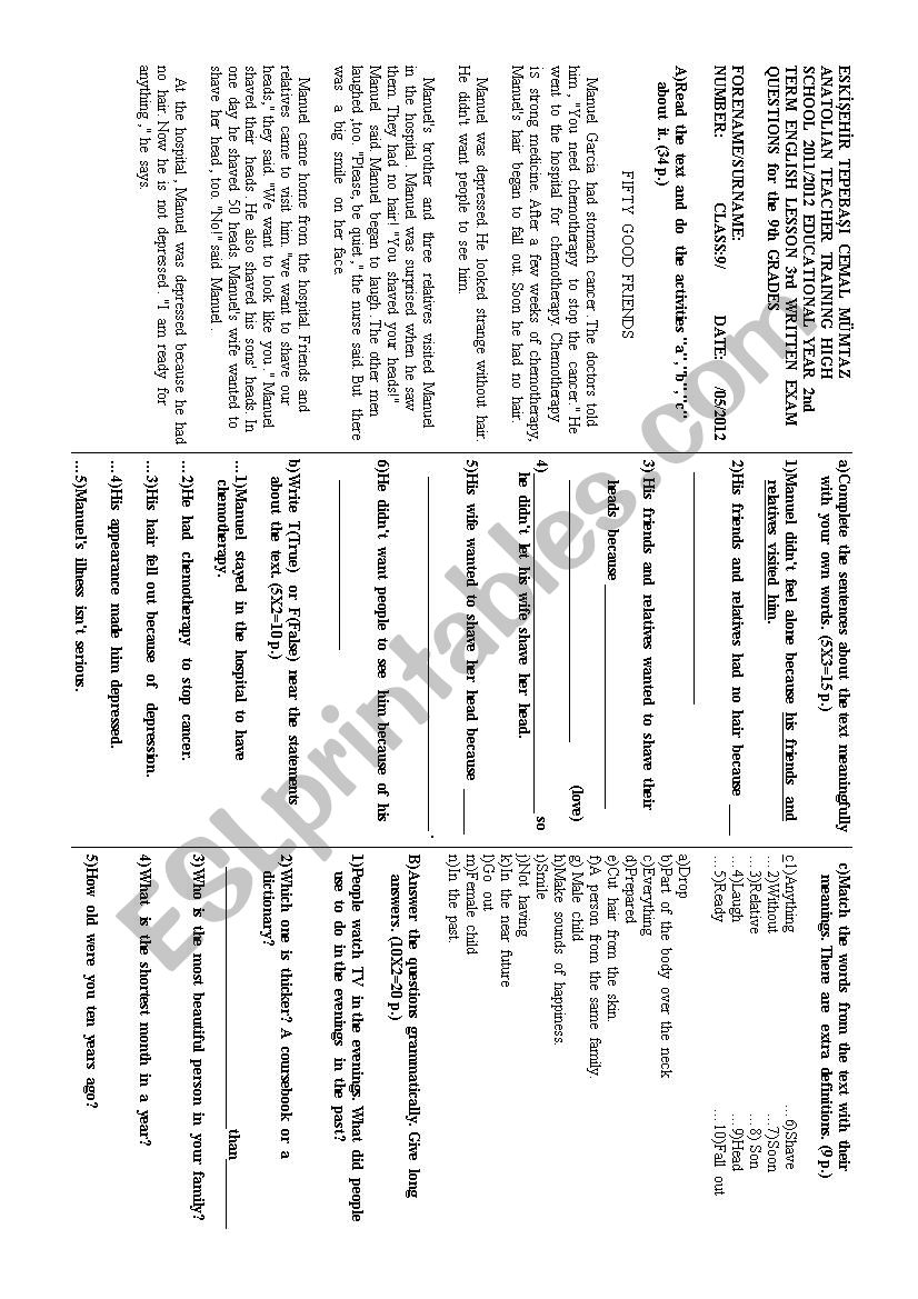    High School Students worksheet