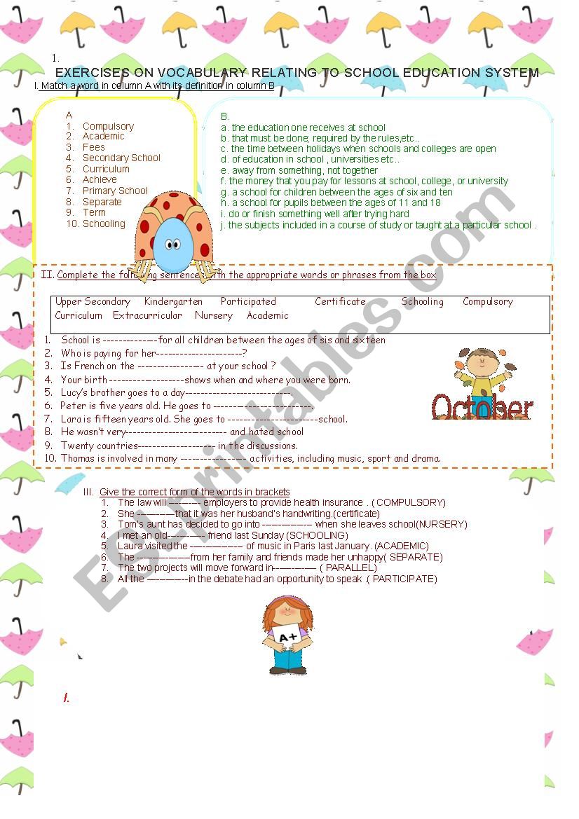 Excercise on Vocabulary relating to school education system 